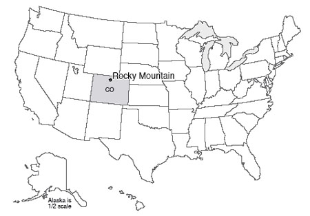 Map of U.S. with Rocky Mountain National Park highlighted in north-central Colorado.